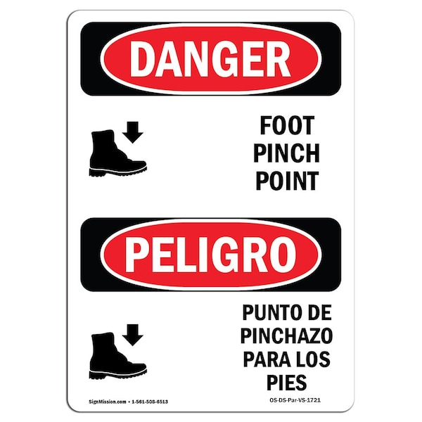 OSHA Sign, Foot Pinch Point Bilingual, 24in X 18in Rigid Plastic, 18" W, 24" L, Bilingual Spanish